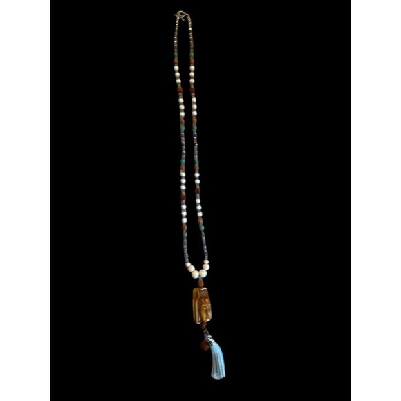 Handmade Buddha Pendant Beaded Necklace With White & Multicolor Beads 21 Inches - Picture 4 of 5